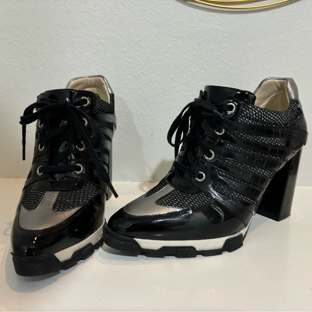 Black and Silver Women's Lace-Up Heels